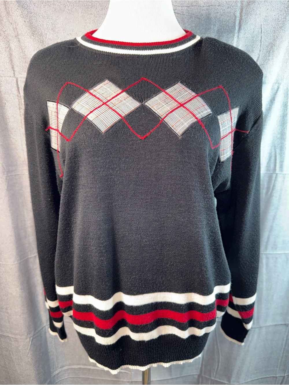 1268-Vintage Joyce Classic Black Crewneck Sweater with Red & White Accents
